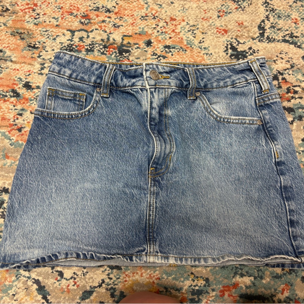 PacSun Pacific Sunwear Light Blue Denim Mini Skirt with Leather Patch